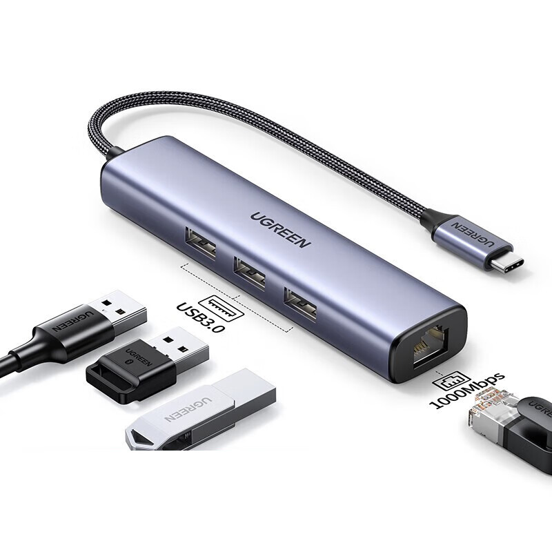 绿联(UGREEN) Type-C扩展坞USB-C转有线网卡转换器HDMI雷电4/5拓展坞HUB分线器适用Macbook笔记本电脑iPad平板 4合1【千兆网卡+USB3.0*3】20920